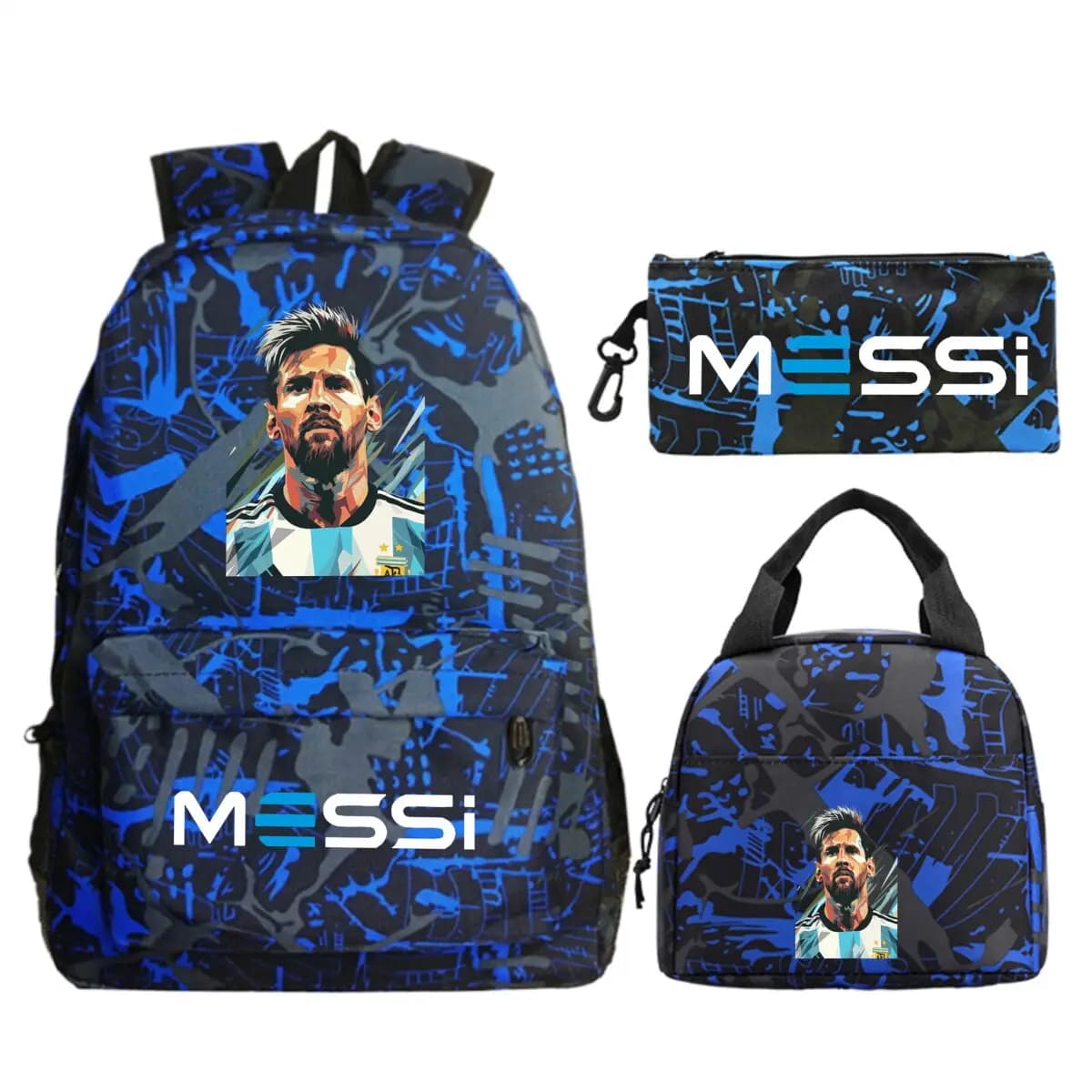 Punk Football Star 3Pcs Set Backpack Fun Pencil Case Soccer Lover Trend Lunch Bags Bookbag 3Pc Set Boy Girl Fashion Bagpack Gift