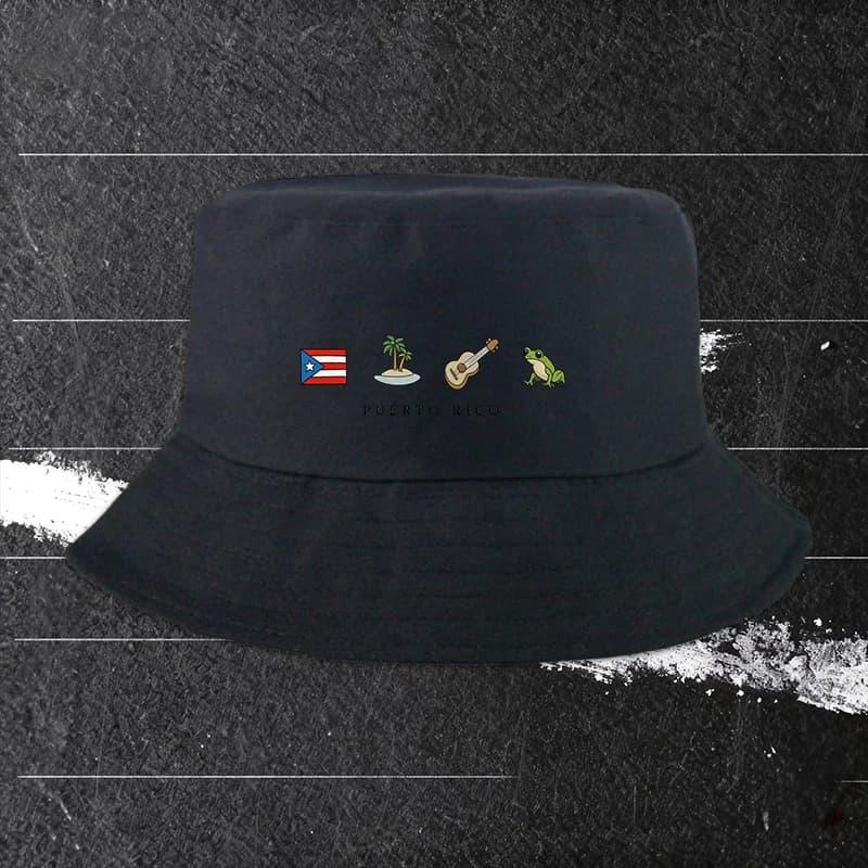 Puerto Rico Flag & Coconut Tree Fisherman Hat with Coqui Frog & Ukulele Print - Lightweight Suitable for Casual Wear, Beach Vaca
