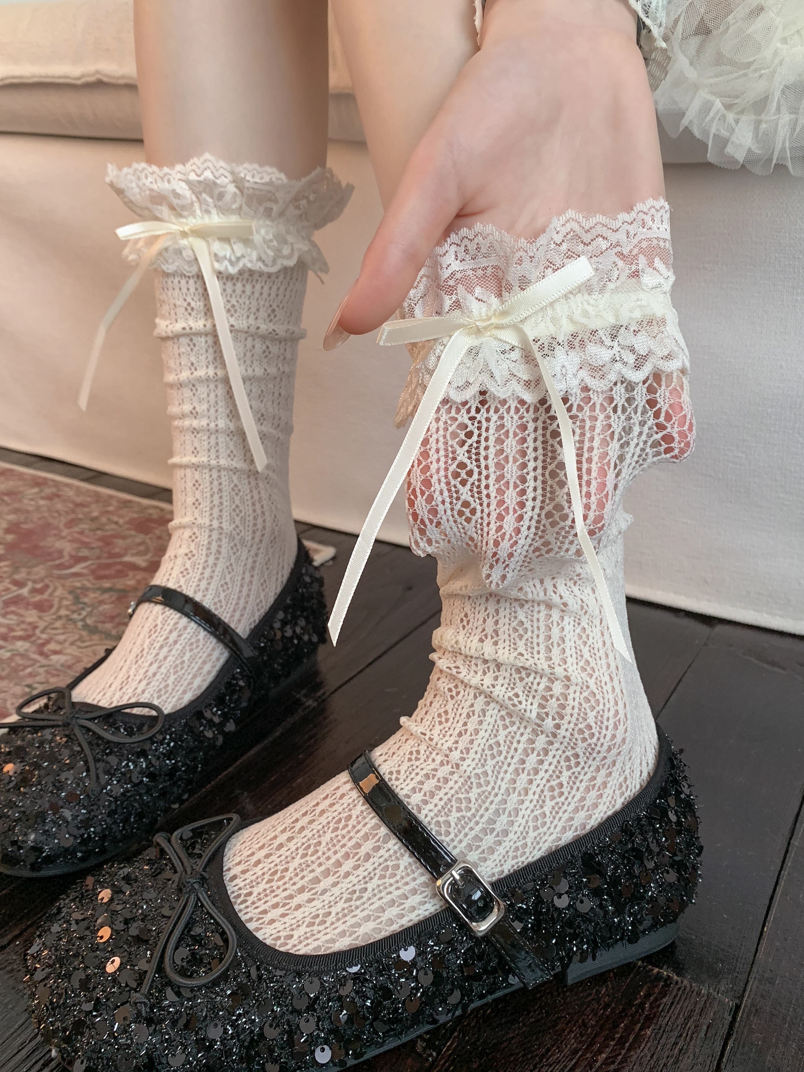 Summer Thin Lace Socks Women Mid-Calf Ballet Style Knot White Cushioning Socks Match Mary Janes Sweet Style Stockings