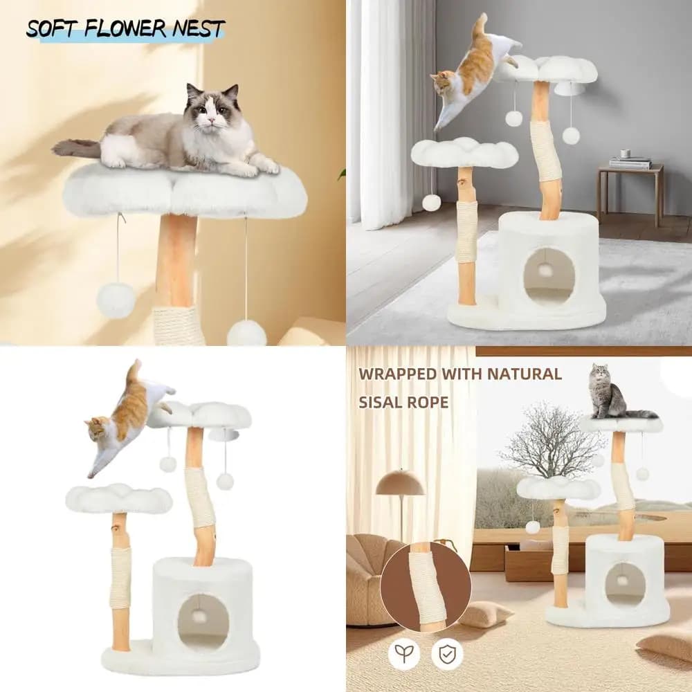 Elegante torre per gatti in legno bianco alpino con 6 pompon e tiragraffi per gatti adulti