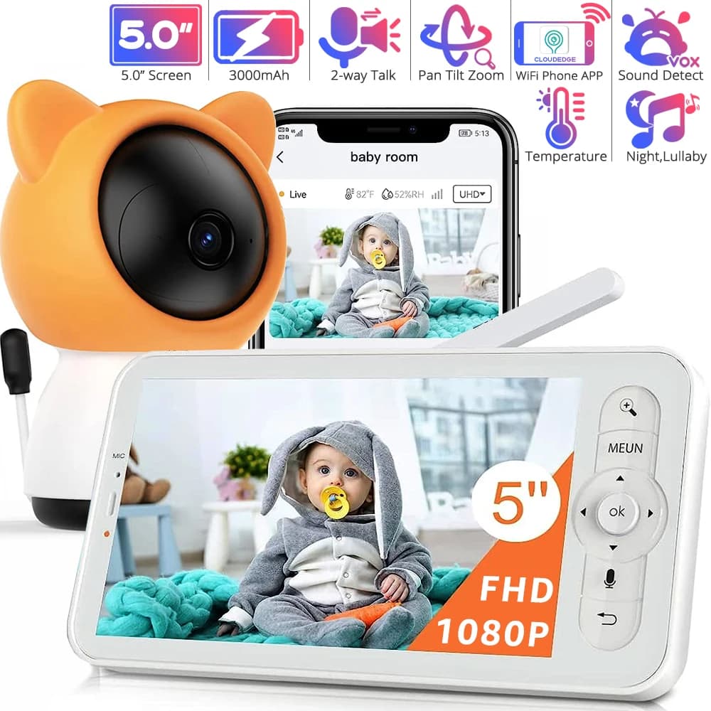 5" FHD 1080P WiFi Smart Baby Monitor Via Screen and App Control Video Record & Playback PTZ Baby Camera 2-way Audio Baby Phone