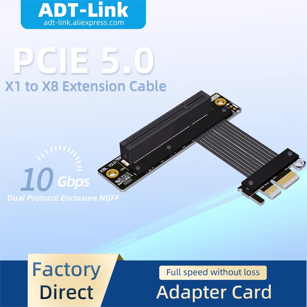 ADT-Link 32Gbps PCIe 5.0 X8 to X1 Extension CableRiser Card Adapter Cable Support Network Card SSD Video Capture Card GPU