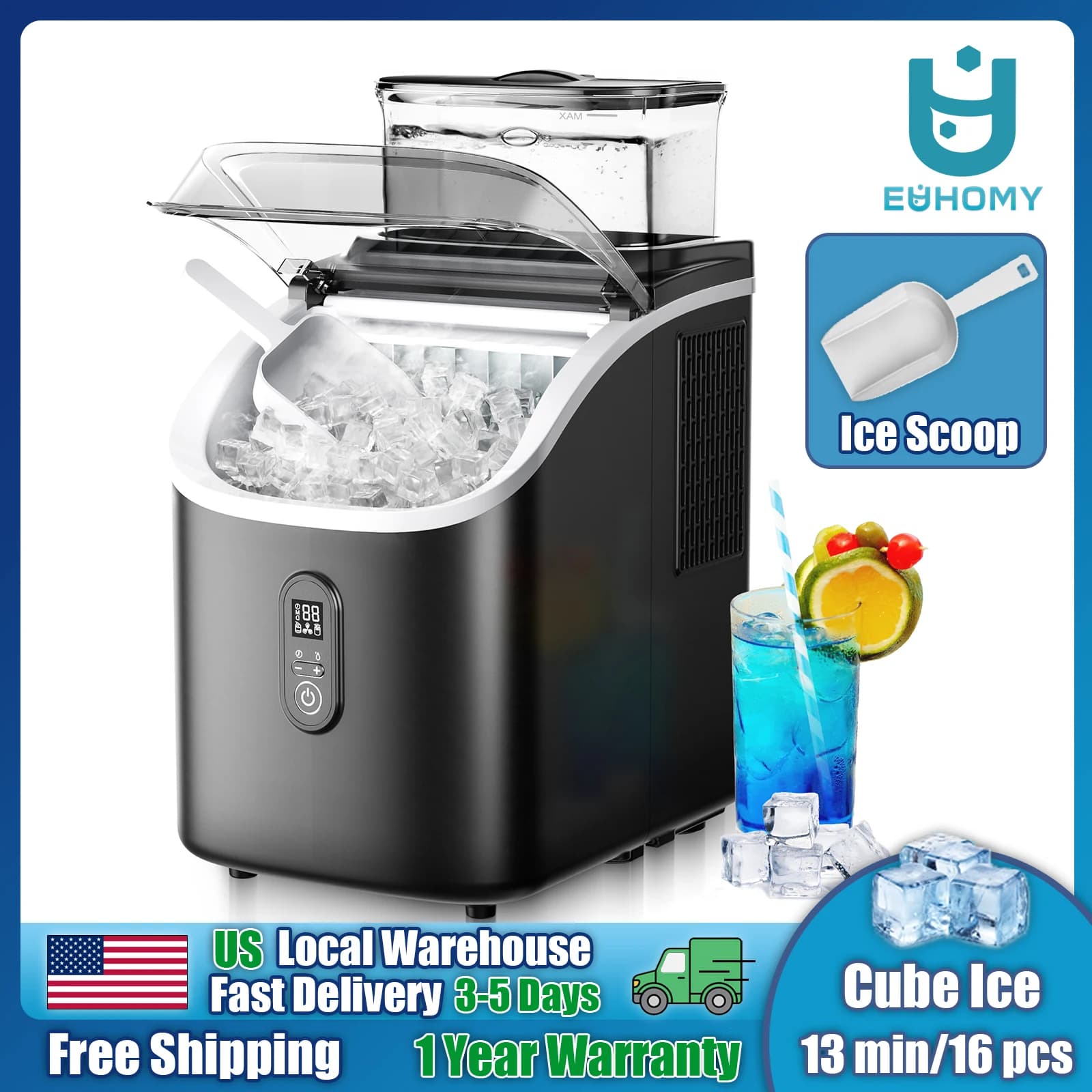 EUHOMY Macchina per il Ghiaccio Portatile 15kg/24h, 9 Cubetti in 6 Minuti, Funzione Autopulente, Macchina per Ghiaccio Compatta da Bancone per Casa, Cucina, Bar