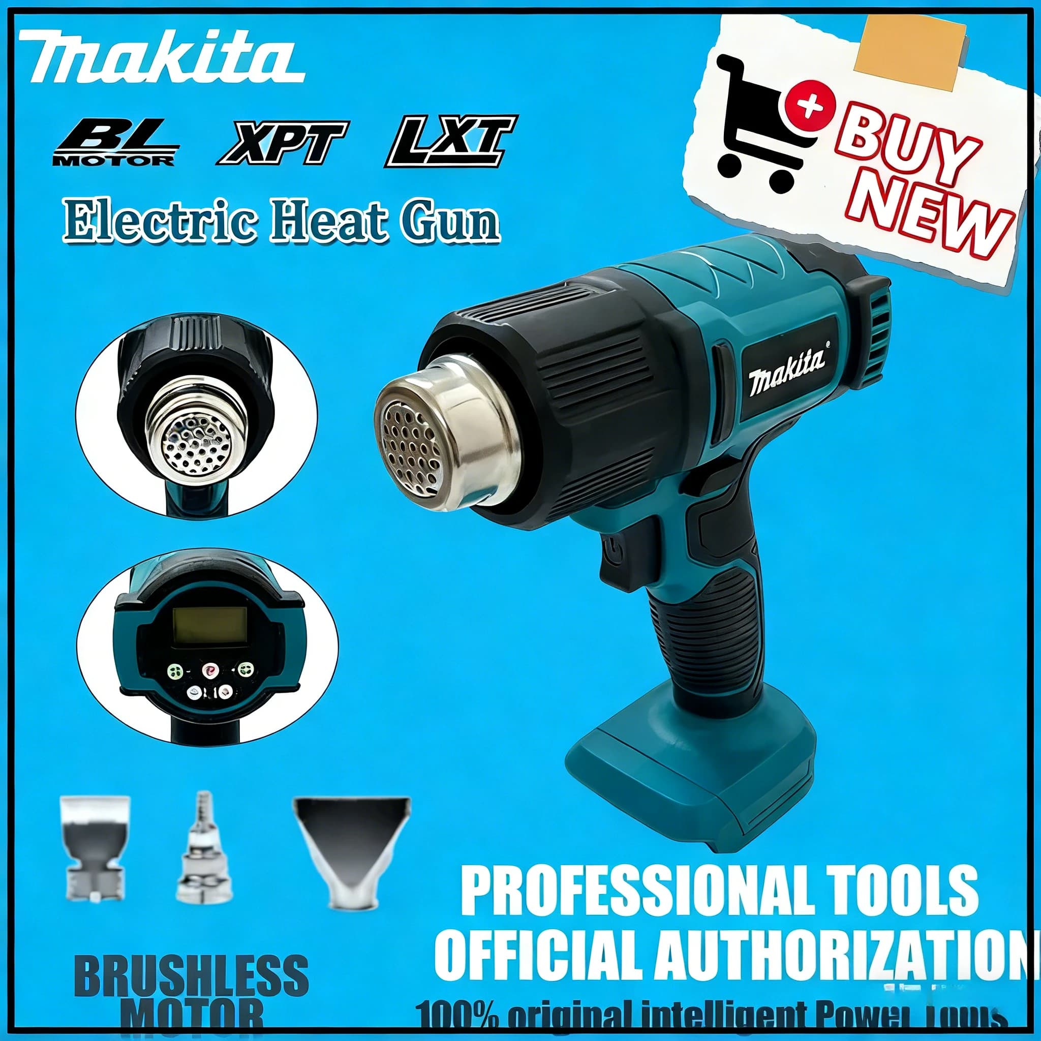 Pistola ad Aria Calda Elettrica Makita con Display Digitale, Senza Fili, 2 Ugelli, per Imballaggio Termoretraibile Industriale, Compatibile con Batteria Makita