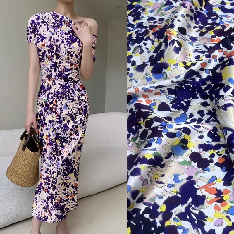 Printed Elastic Silk Satin Fabric for Summer Dress Clothes Cheongsam Pajamas 118CM Wide 19MM 93% Silk & 7% Spandex Fabric D1265