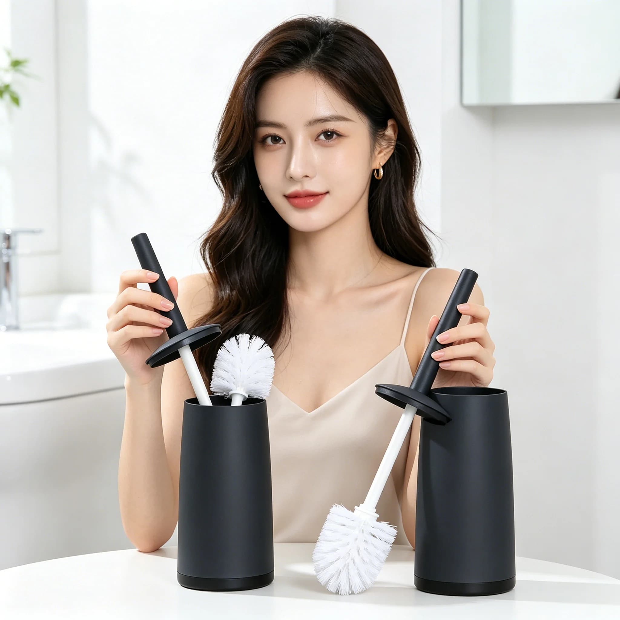 Set di spazzole per WC domestico, spazzola per la pulizia in plastica resistente con base robusta, semplice e moderna spazzola per la pulizia del bagno.