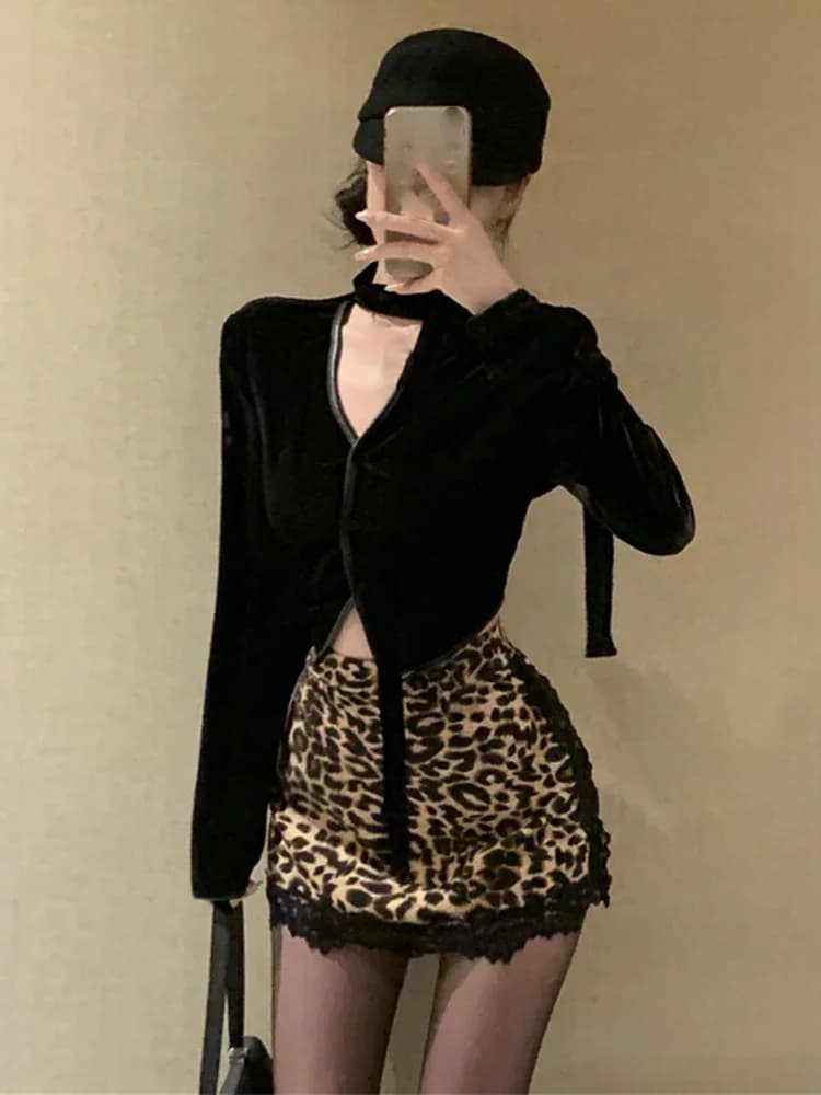 Elegante scollo a V in velluto a maniche lunghe set camicia gonna corta a vita alta in pizzo leopardato Premium Slim New Spice Girls Moda Faldas