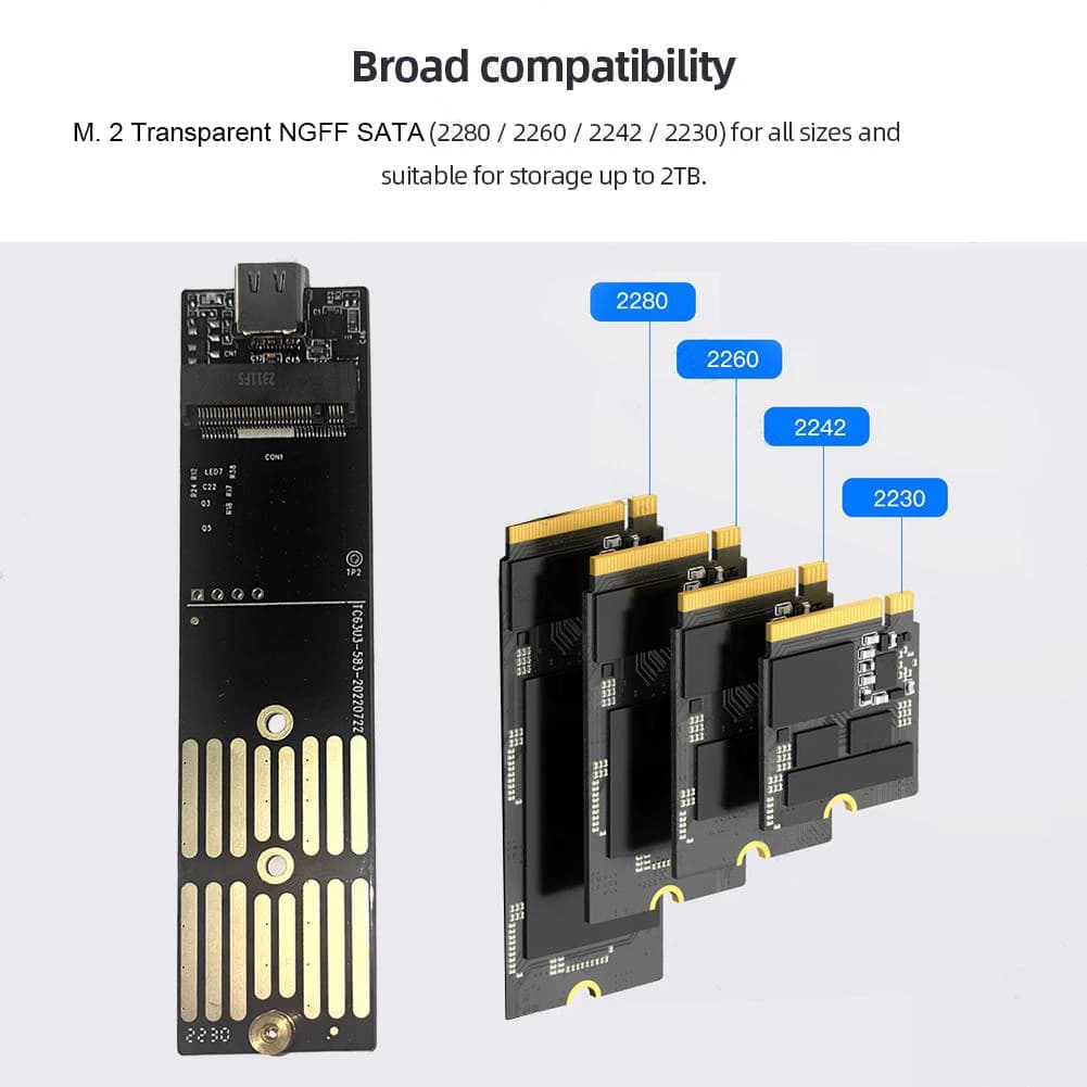 Case esterno trasparente per SSD M.2 NGFF SATA Type C USB 3.1 10Gbps, adattatore esterno per disco rigido SSD per 2230/2242/2260/2280