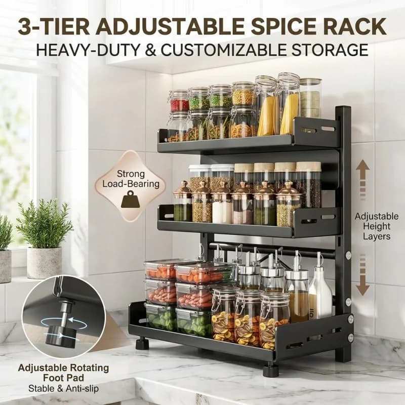 Scaffale porta spezie in metallo a 3 livelli, organizer da piano di lavoro regolabile, mensola per armadietto da cucina, nero, set assortiti per la casa