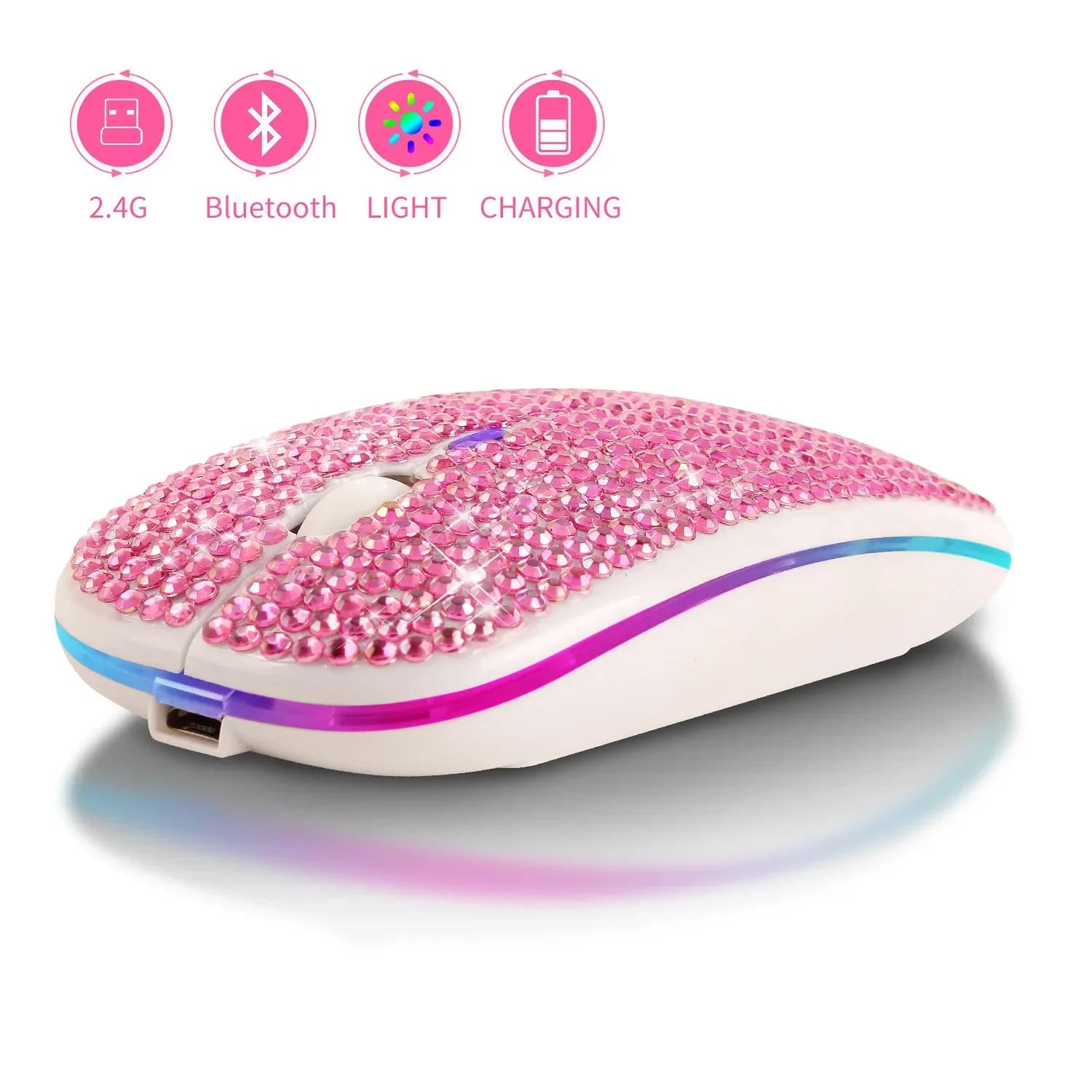 Ricarica e silenziosa Mouse Bluetooth dual mode tempestato di diamanti Regalo elettronico Mouse Bluetooth wireless luminoso colorato
