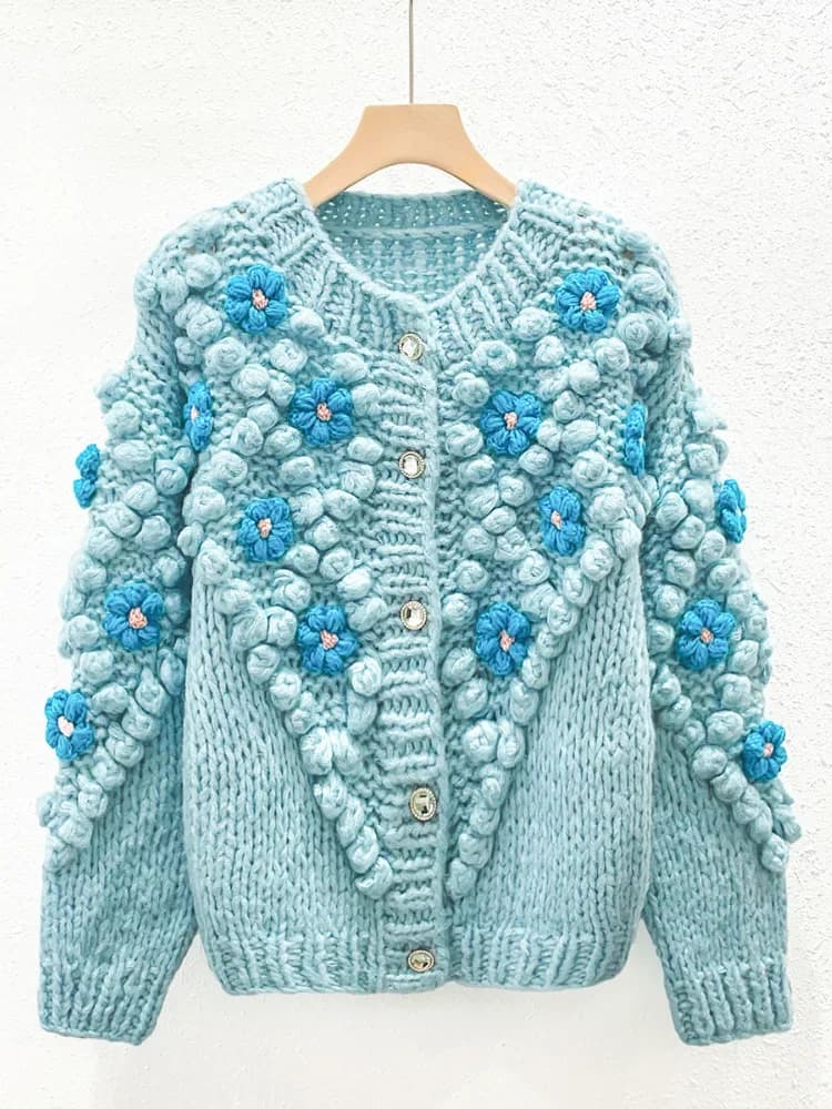 Cardigan grosso Bastone lavorato a mano con ago e palla di pelo Cappotto lavorato a maglia Gancio ricamato Maglione floreale Abbigliamento donna autunno/inverno