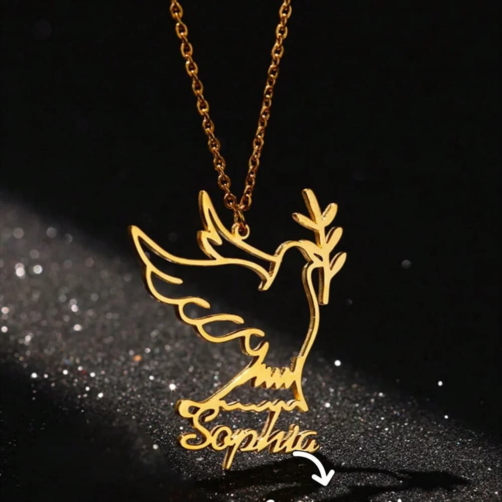 Collana con ciondolo personalizzato a forma di ramo d'ulivo e uccello della pace, in acciaio inossidabile impermeabile, regalo personalizzato per lei, gioiello.