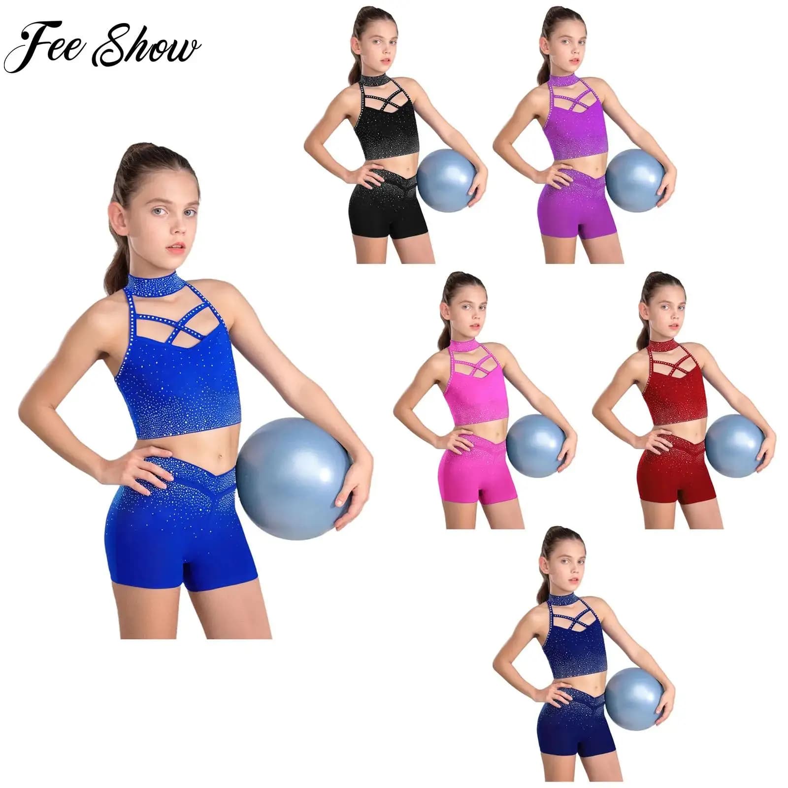 Set da ballo di pattinaggio artistico su ghiaccio per ragazze Abbigliamento da yoga Top corto senza maniche con strass con pantaloncini Completo da ginnastica per balletto
