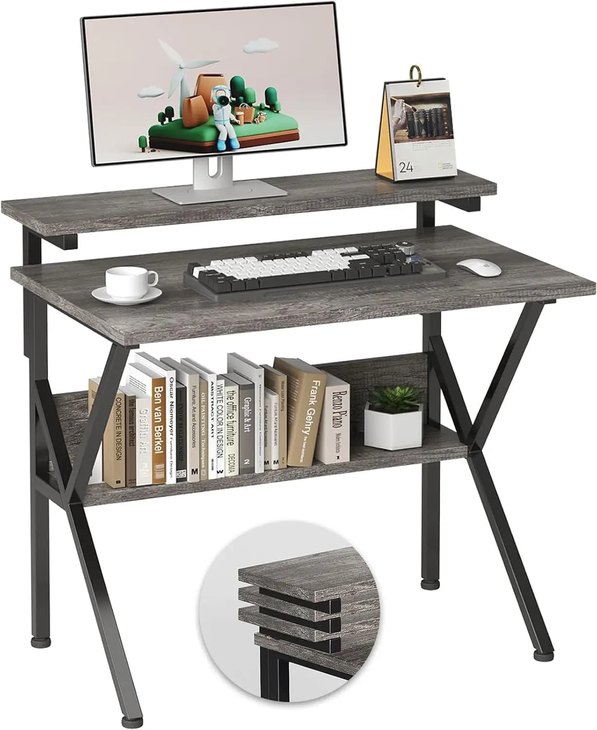 Small Computer Desk With Adjustable Monitor Stand Compact Study Table With Open Storage Shelf Metal Frame Space Saving Writing Desk For Home Office Bedroom Grey