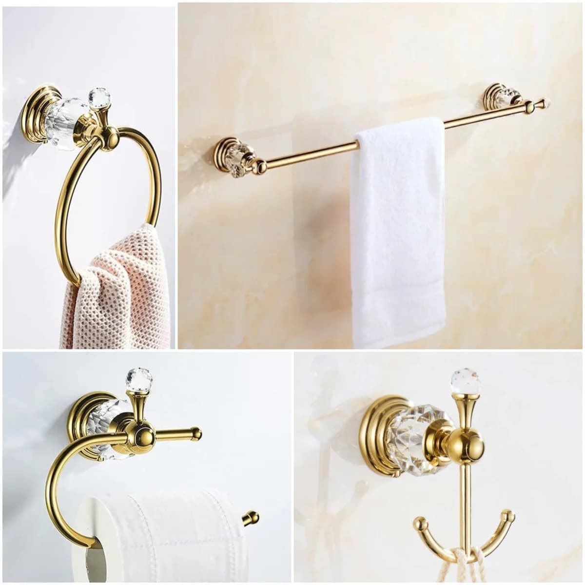 Crystal Bathroom Accessories set Golden 4 pieces set towel bar Robe Hook Towel Ring Toilet Paper Holder Bathroom Hardware