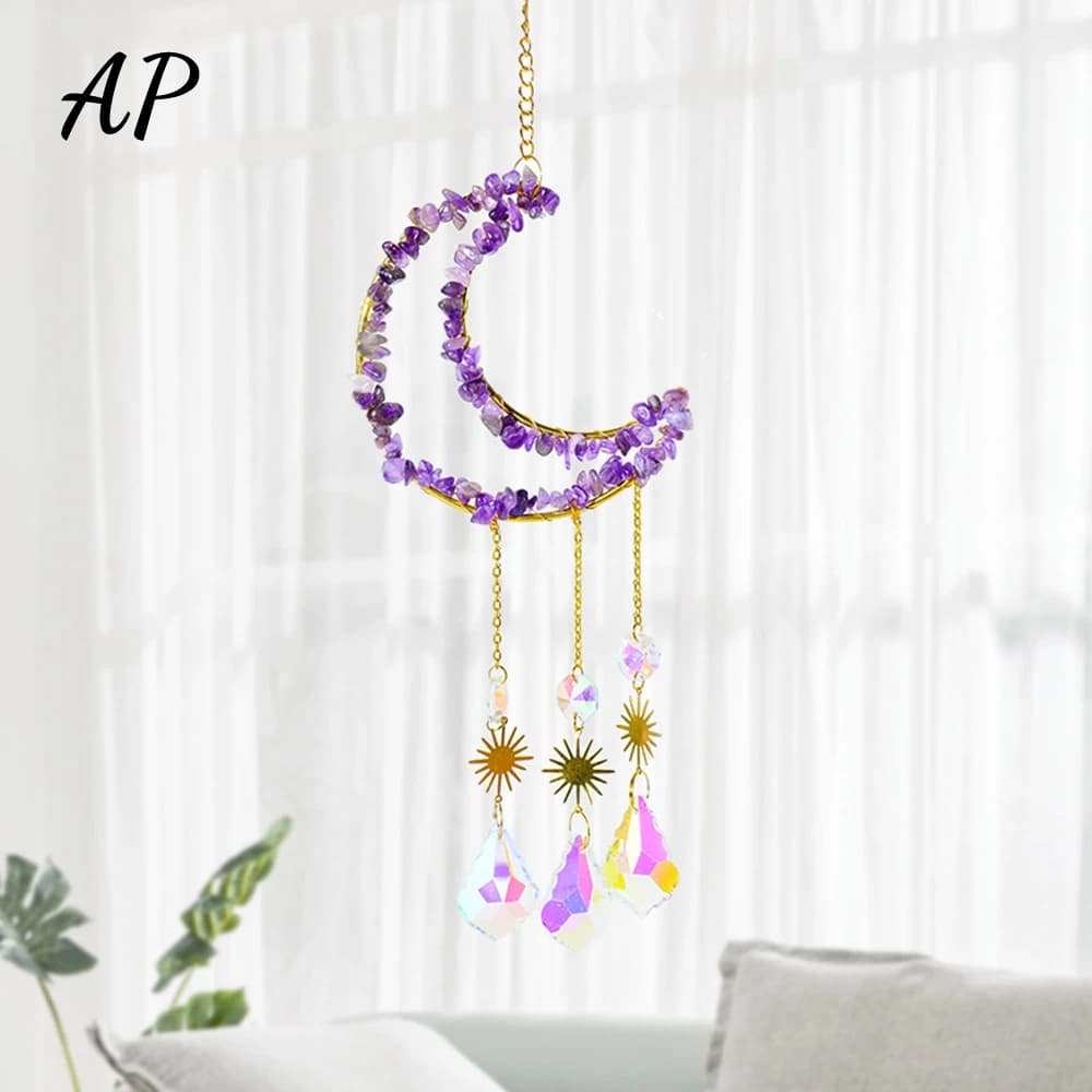 Natural Crystal Gravel Wind Chime Sun Catcher Hanging Curtain Windchimes Star Moon Pendant Rainbow Wind Chime Garden decoration