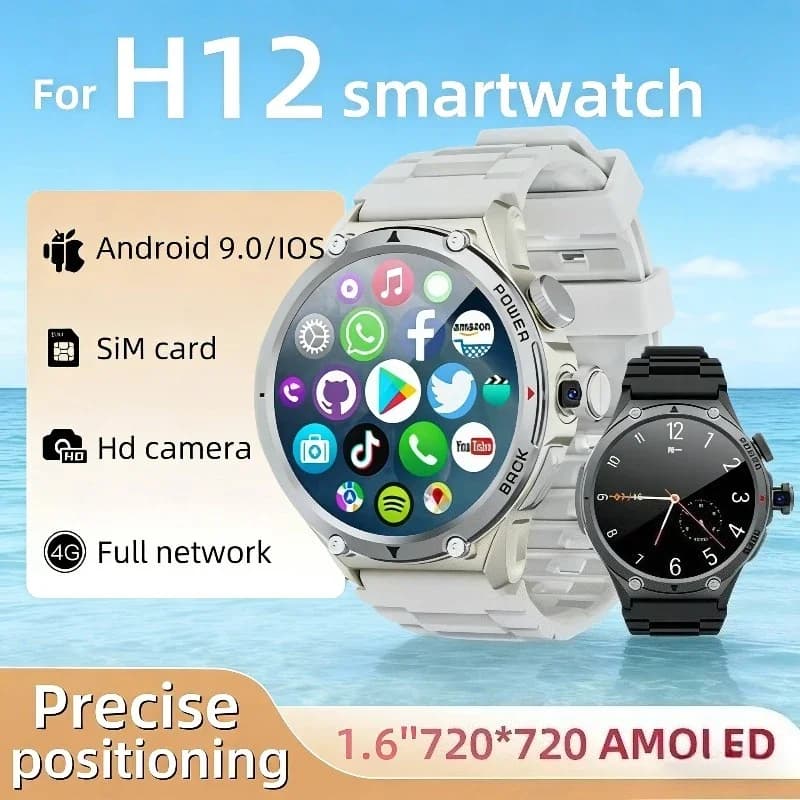 Smart watch H12 2025 for men and women: 4G calls, Android operating system, GPS, WiFi, SIM card slot, rotating camera, playback shop download