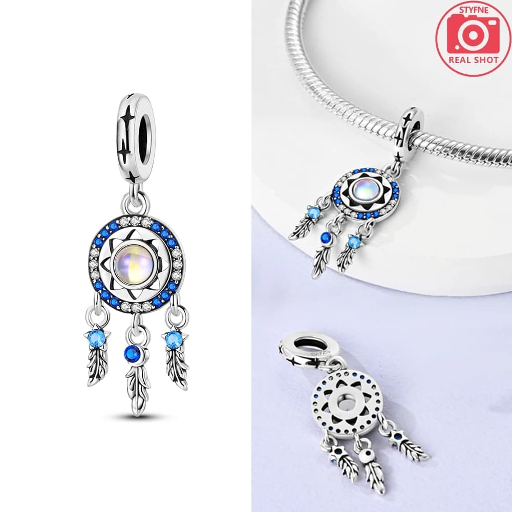 Charms 925 Sterling Silver Plated Starry Sky Dreamcatcher Feather Pendants Fit Original 925 For Women Jewelry DIY Making Gifts