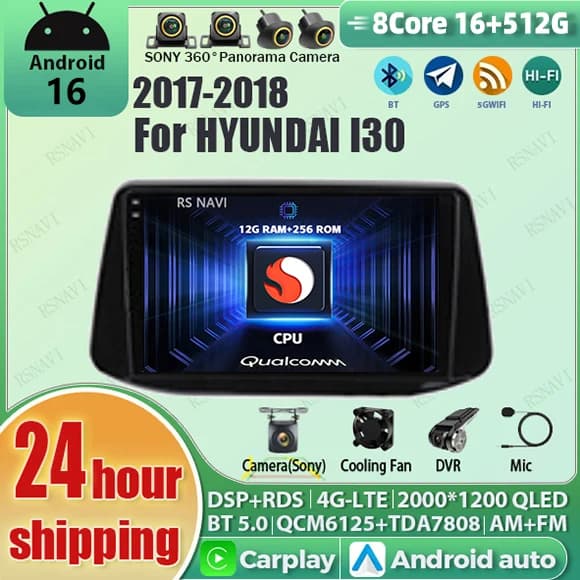 Android 15 Carplay Auto Qualcomm 2K QLED Schermo Lettore di autoradio per HYUNDAI I30 2017-2018 GPS Stereo BT Wifi 4G Navigazione DSP