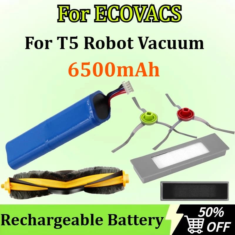 Nuova batteria ricaricabile da 6500 mAh per batteria aspirapolvere robot ECOVACS T5 con spazzola principale/spazzola laterale/accessori filtro T5