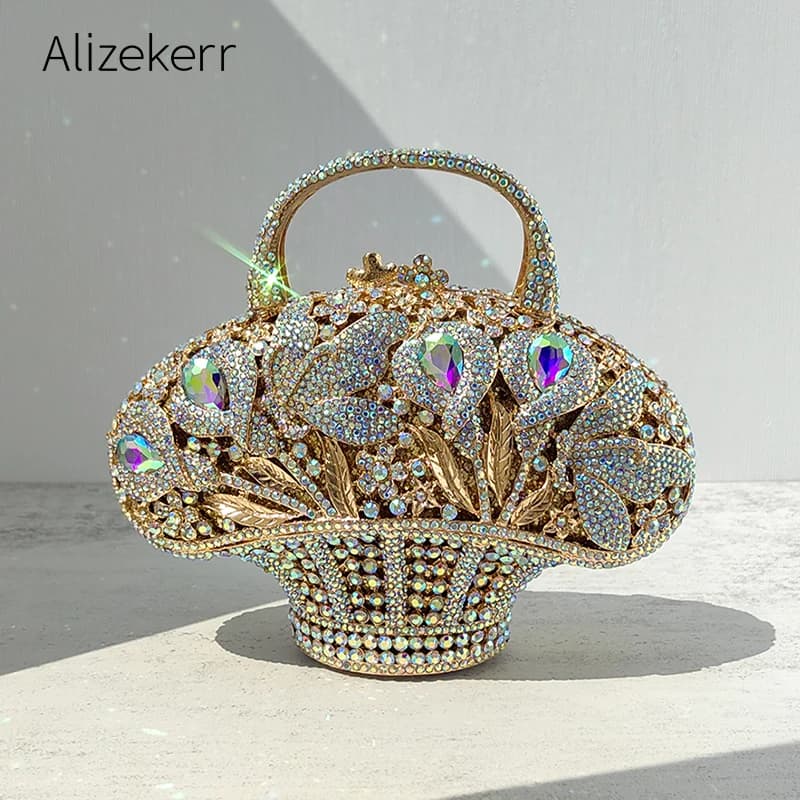 Alizekerr Cesto di fiori Borse da sera in cristallo Donna Designer di lusso Elegante strass scintillanti Pochette metallica Festa di nozze