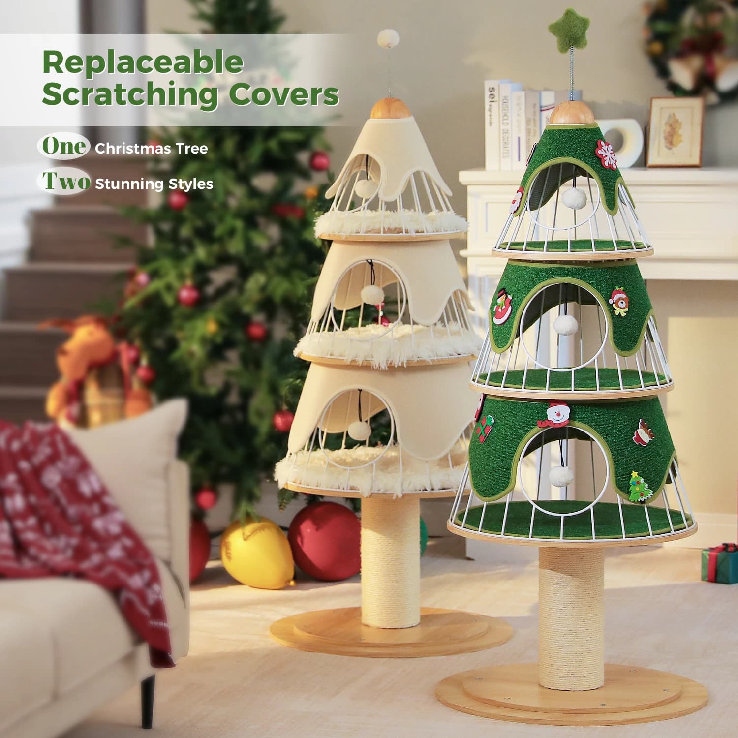 Torre per gatti moderna per albero di Natale con tiragraffi spesso, torre per gatti in legno, 3 condotti, tappetino sostituibile per mobili per gatti resistenti