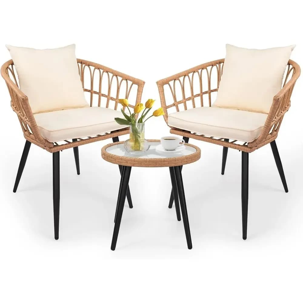 Round PE Rattan Patio Dining Set with Tempered Glass Table and Cushioned Chairs for Outdoor Spaces