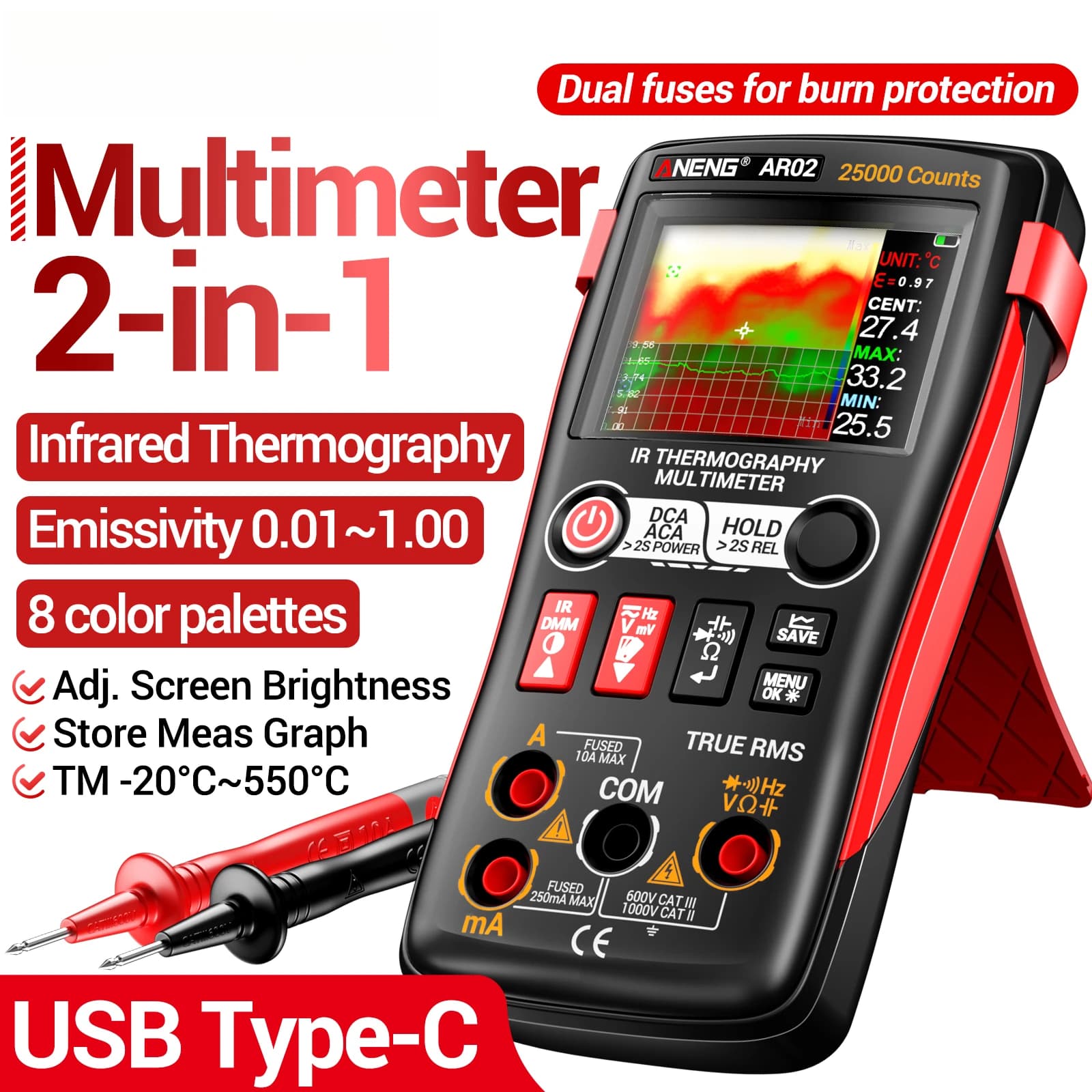 ANENG AR02 Multimetro 2 in 1 con Termocamera a Infrarossi, Risoluzione IR 240×240, Sensore IR 96×96 -20 ° C~150 ° Temperatura C