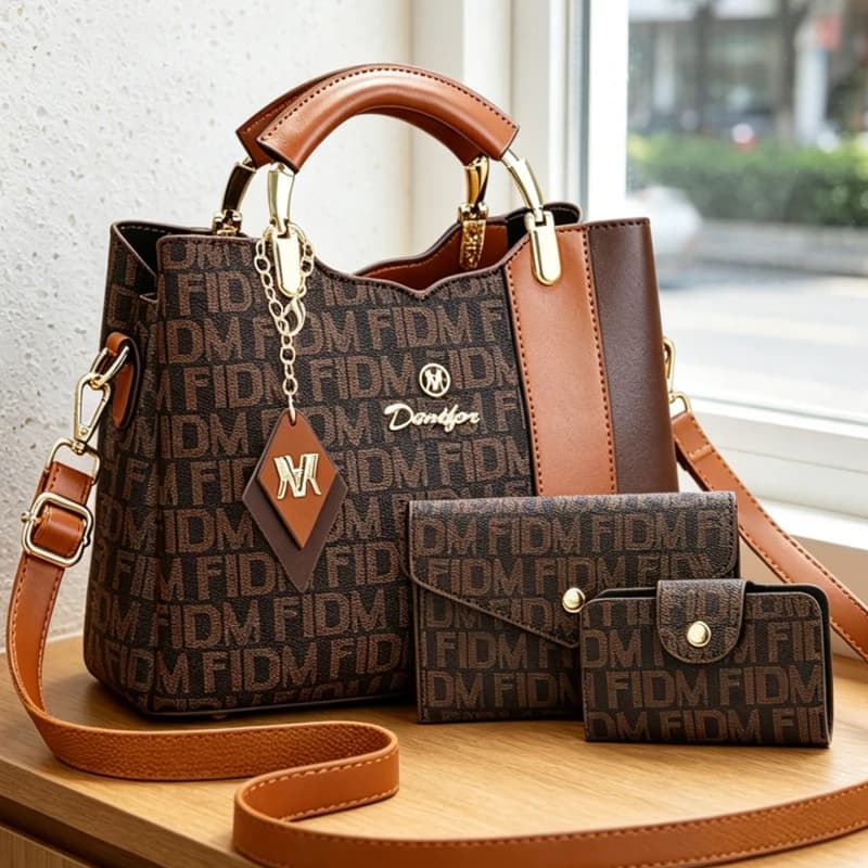 3-piece women's bag set, retro letter printed women's handbag, large-capacity shoulder and crossbody bag with multiple pockets