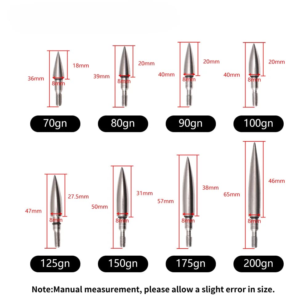 Stainless Steel Arrowheads - 12 Piece Set, Compatible with 6.2mm Inner Diameter Arrow Shafts, 70/80/90/100/125/150/200 Grains