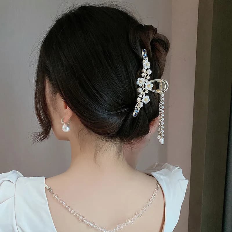 Nuova ragazza elegante fiore fatto a mano fermaglio per capelli perla nappa coda di cavallo clip moda testa capelli ACCESSORI per donna ornamento Heawear