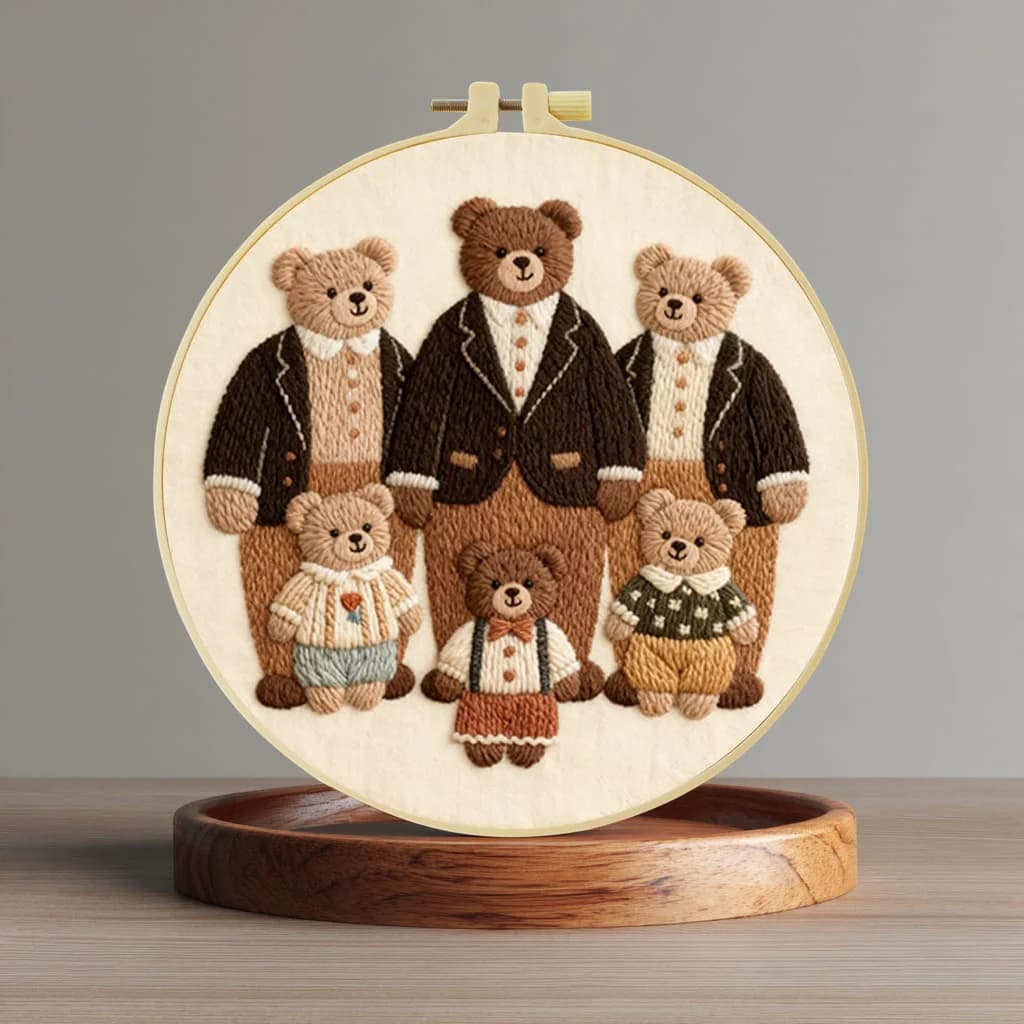 Kit per Ricamo Principianti 20X20CM/15X15CM Famiglia di Orsi, Arte del Ricamo a Punto Croce Fai-da-Te per Regalo