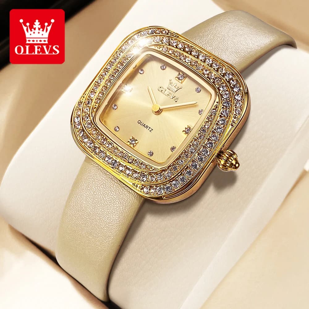 OLEVS Fashion Ladies' Square Quartz Watch Leather Strap Diamond Bezel Waterproof Luminous Watches For Woman Gifs 5512