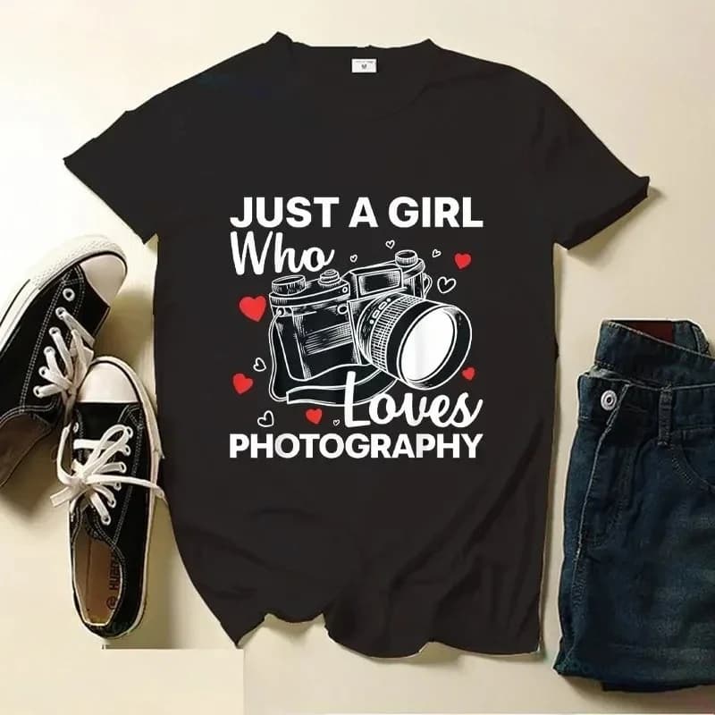 T-shirt artistica per fotografia da donna T-shirt stampata per appassionati di fotocamera da donna T-shirt con motivo giacca T-shirt grafiche a maniche corte