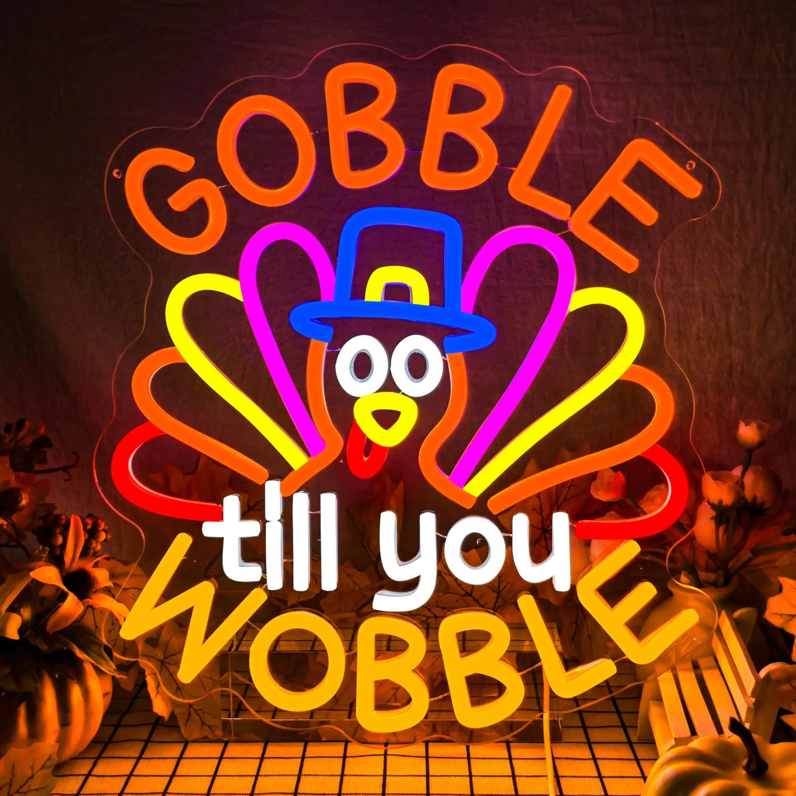 Turchia Gobble Till You Wobble LED Insegna al neon per la decorazione della parete Dimmerabile Luce del Ringraziamento Decorazioni per la casa Autunno Regalo di festa per bambini