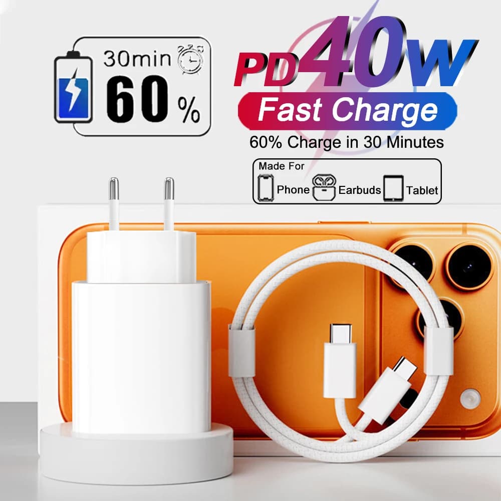 PD 40W USB C Fast Charging Adapter Original Data Cable For iPhone 16 12 11 14 15 13 17 Pro Max Type C Travel Plug Wall Charger