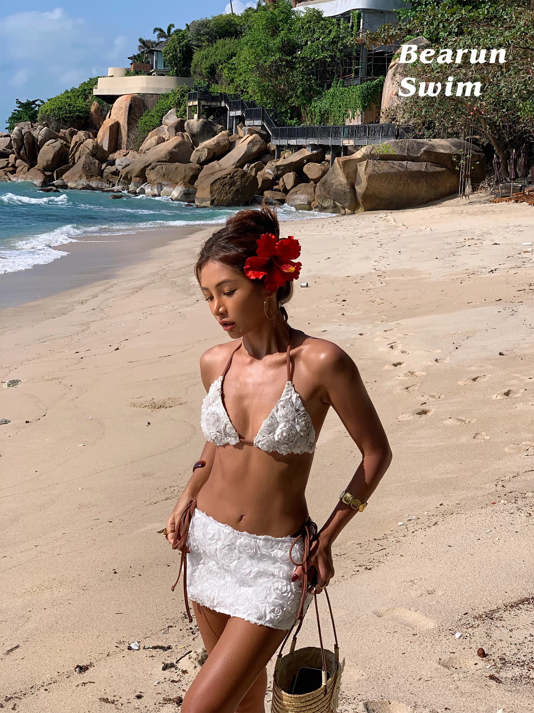 Costume da bagno floreale Bearun da donna, bikini a fascia con laccetti al collo, push-up per seno piccolo, due pezzi, senza maniche, per la spiaggia