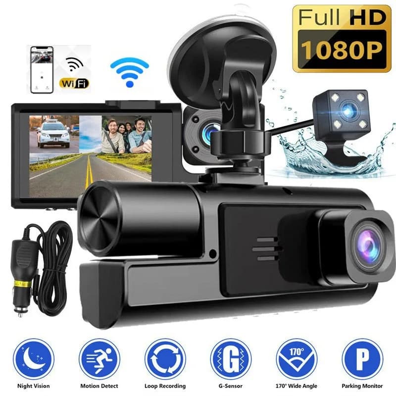 XZY Dash Cam a Tre Canali 1080P con Connessione WiFi al Telefono, Videocamera HD per Cruscotto Auto, Registratore Video per Veicoli