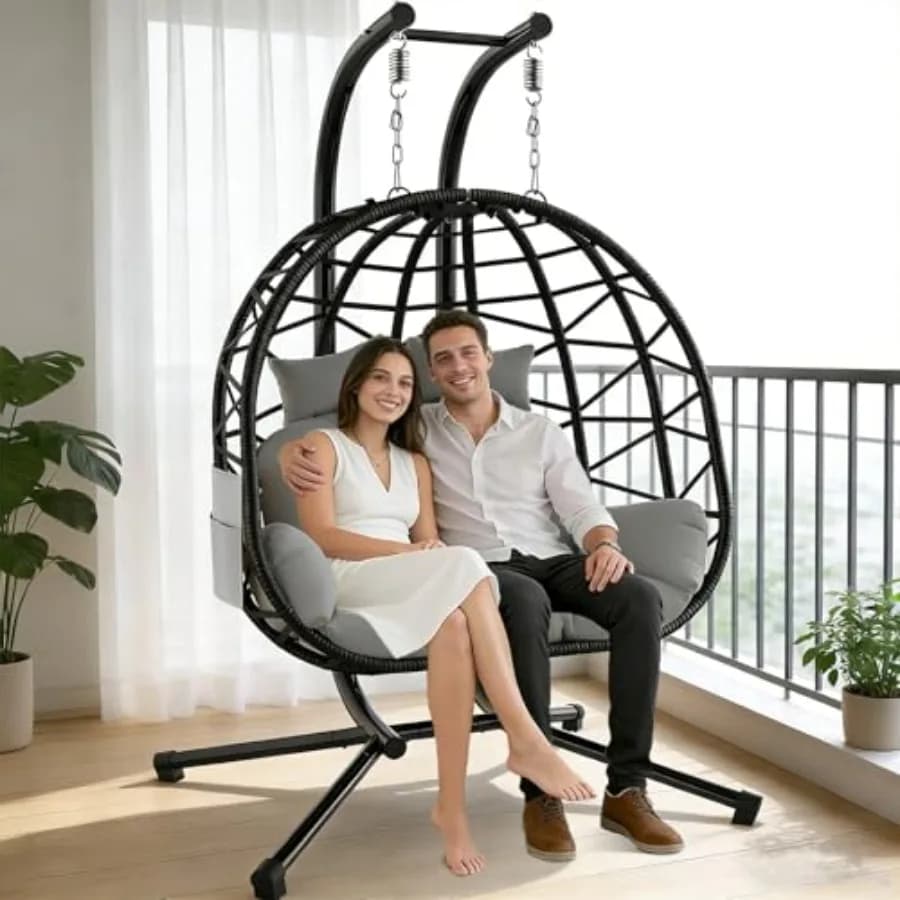 Double Hanging Egg Chair with Stand, Outdoor Indoor 2 Person Wicker Egg Swing Chair with Cushion, 700lbs Capacity for Patio, Be