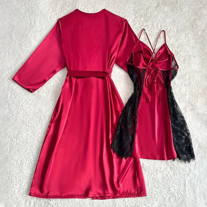 Sexy femminile 2 pezzi vestaglia camicia da notte set chemise indumenti da notte lingerie primavera estate nuovo accappatoio kimono abito sciolto raso di seta homewear