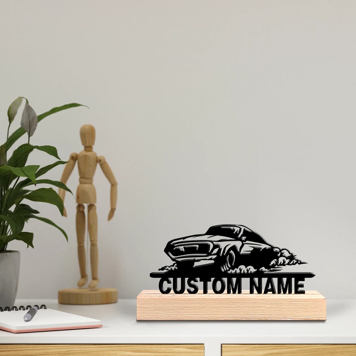 Decorazione da Tavolo in Metallo Personalizzata con Base in Legno, per Ingresso o Casa in Stile Moderno