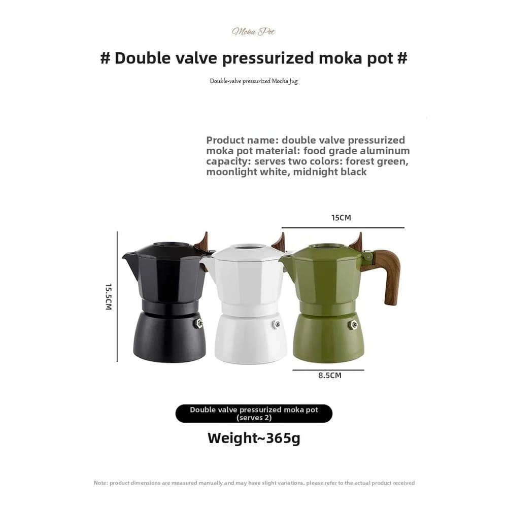 Espresso coffee maker in Double Valve in Aluminium Alloy for Floor Cooking, Camping, Travel, Compatible with Electric Induction Stoves