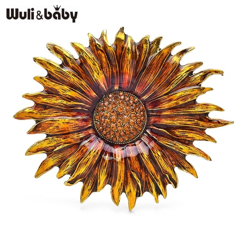 Wuli & baby Spilla enamelled brown sunflower with melon rhinestones seeds for women's vegetable jewelry 2025 gift accessory