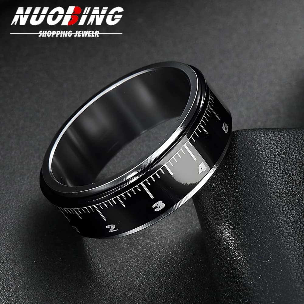 Anxiety Fidget Spinner Arabic Numeral Ring Size Chart 8mm Black Stainless Steel Rotating Ring Men's and Women's Jewelry Gifts