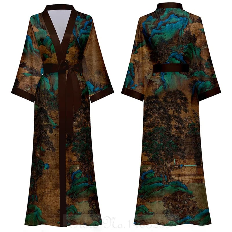 Primavera Summrer Abito lungo femminile Indumenti da notte Stampa Kimono Accappatoio Abito Mezza manica Camicia da notte Abito da casa in raso allentato Abbigliamento da salotto