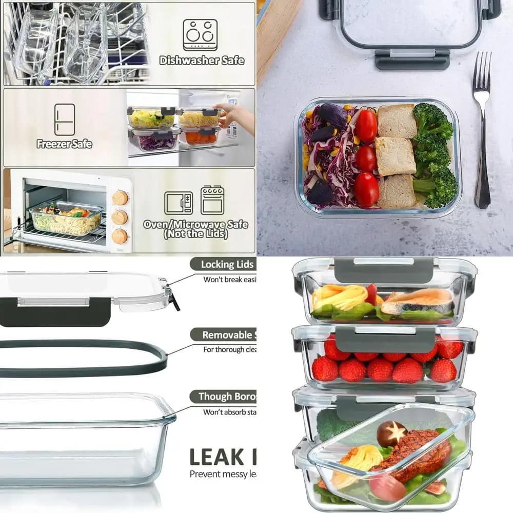 Set di 5 contenitori per la preparazione dei pasti in vetro da 36 Oz con coperchi sicuri, ermetici, microonde, forno, congelatore, lavabili in lavastoviglie (4,5 tazze)