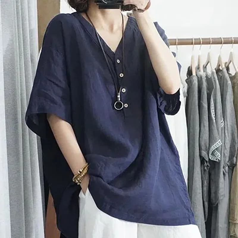 Camicia Henley da donna a maniche corte blu navy con scollo a V, camicetta casual ampia in misto lino