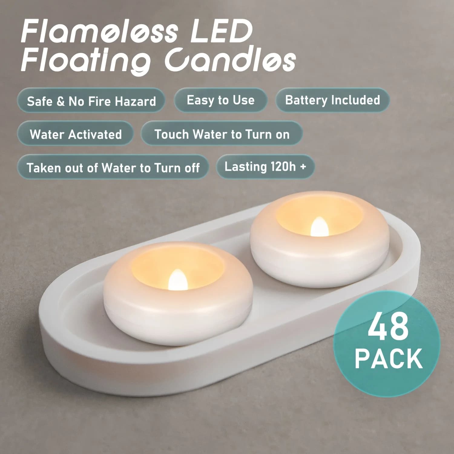 Candele galleggianti a 48 LED, candele senza fiamma da 3 pollici (3 x 2,6 pollici), facili da usare, possono illuminare per oltre 120 ore, possono essere aperte e chiuse sfiorando l'acqua, molto adatte per eventi come feste, matrimoni, decorazioni per la casa, ecc.