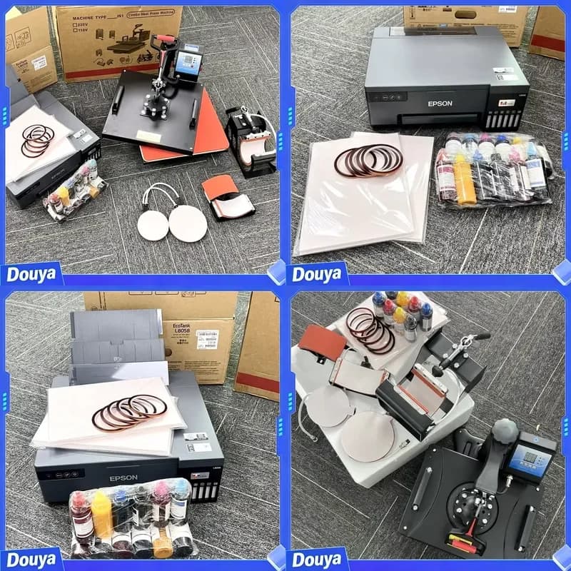 Complete 5 in 1 Heat Press Machine Kit with 38x38cm Heat Press L8058 Printer 6 Color Sublimation Printer Ink Paper Tape