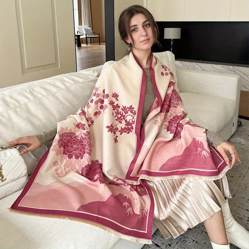 Landscape Floral Jacquard Scarf - Faux Cashmere Soft Wrap with Fringe, Elegant Autumn Winter Shawl & Blanket Scarf